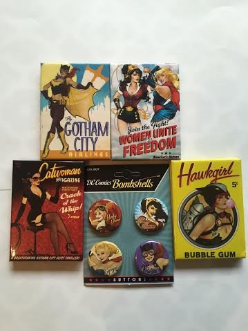 DC Bombshells Refrigerator Magnet Collection Plus Button Set. Set of 5. Wonder Woman, Supergirl, Catwoman, Batgirl, and Hawkgirl.