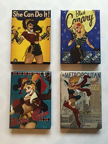 DC Bombshells Refrigerator Magnet Collection. Set of 4. Wonder Woman, Super Girl, Harley Quinn, and Black Canary.